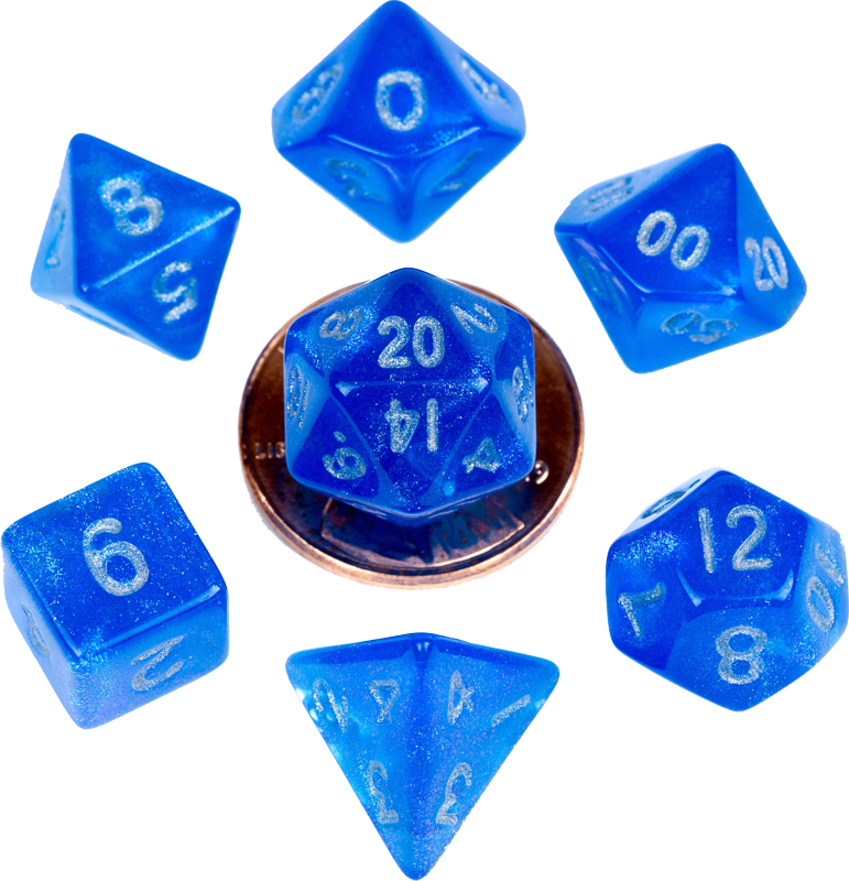 10mm Mini Dice Acrylic Polyhedral Set - Stardust Blue with Silver Numbers