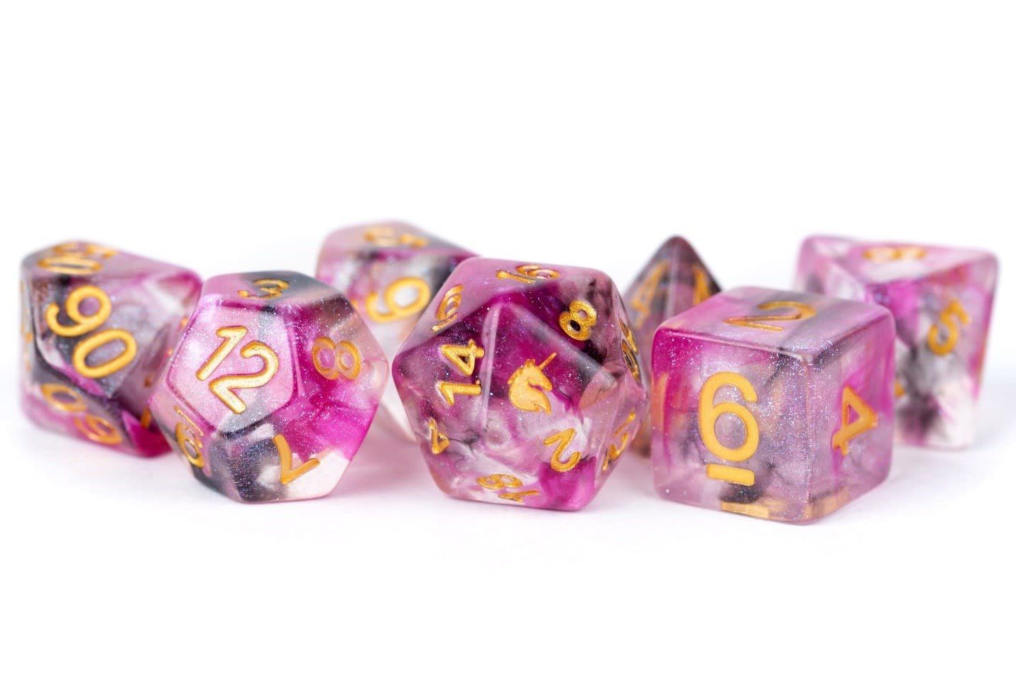 RPG Dice Set: 7 Set Unicorn Resin 16mm Polyhedral: Blushing Steel
