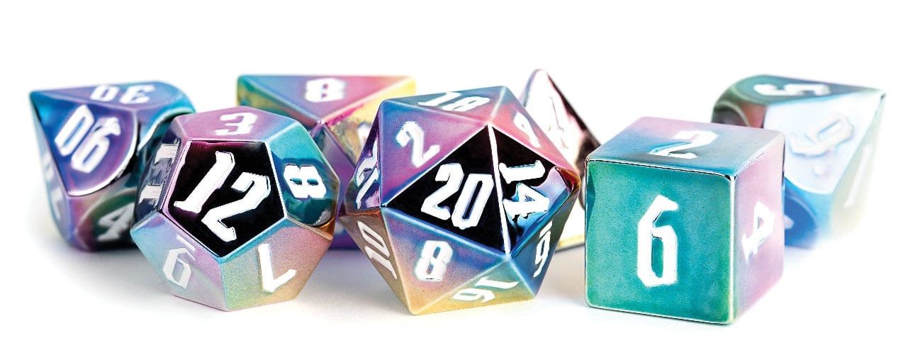 RPG Dice Set (7): Aluminum Plated Acrylic Poly Dice Set: Rainbow Aegis w/ White Numbers
