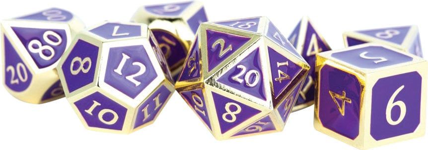RPG Dice Set (7): Metal Polyhedral Dice Set: Gold with Purple Enamel