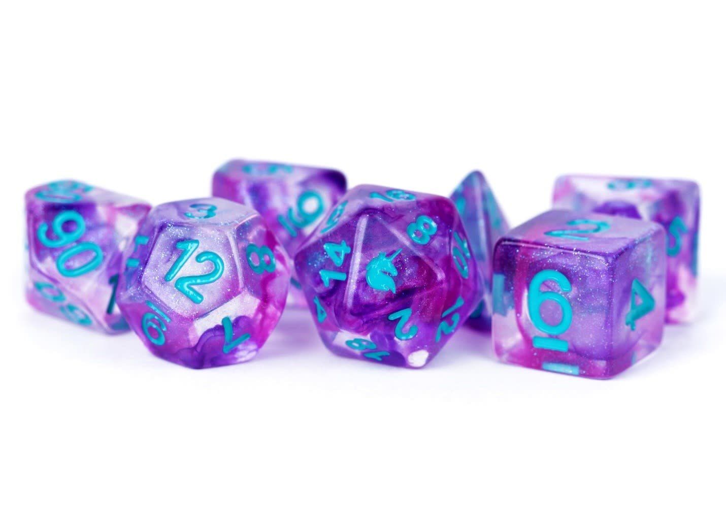RPG Dice Set: 7 Set Unicorn Resin 16mm Polyhedral: Violet Infusion
