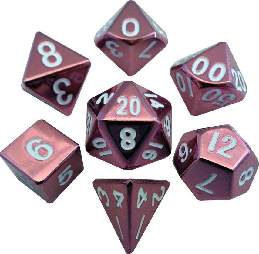 RPG Dice Set (7): Pink Painted Metal Polyhedral