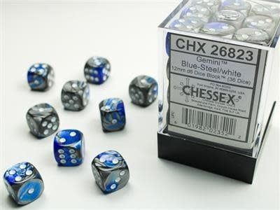 D6 (36): 12mm Gemini d6 Blue-Steel/white