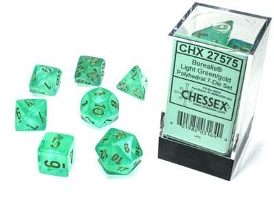RPG Dice Set (7):  Borealis Polyhedral Light Green/gold Luminary