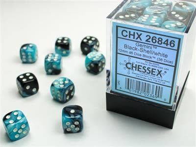 D6 (12):  12mm Black-Shell/white Dice Block