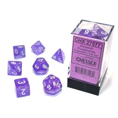RPG Dice Set (7):  Borealis Polyhedral Purple/White Luminary