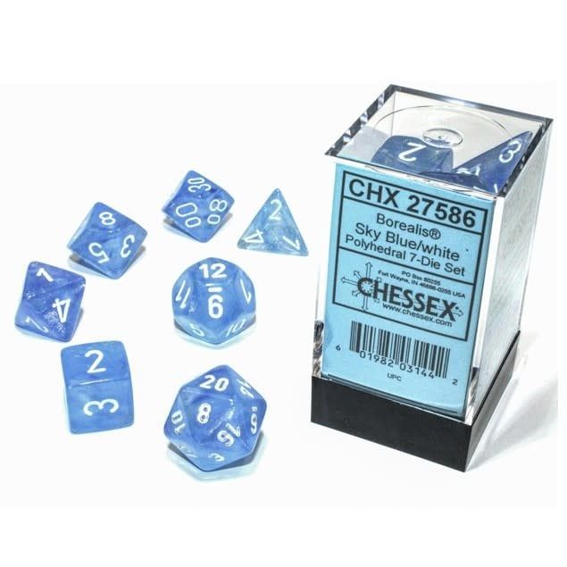 RPG Dice Set (7): Borealis Luminary Sky Blue with White