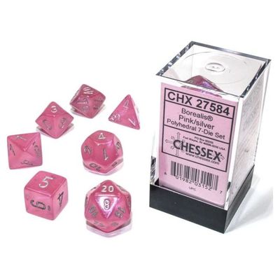 RPG Dice Set (7): Borealis Luminary Pink with Silver