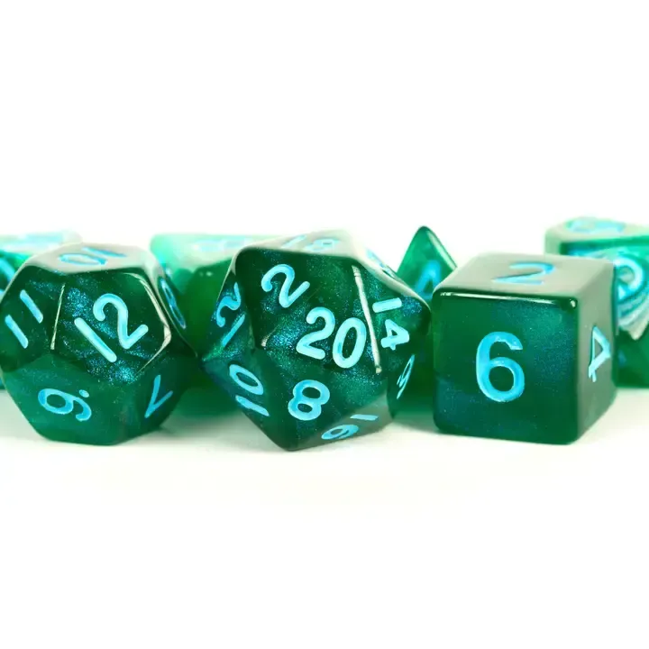Stardust Acrylic Polyhedral Dice Set: Green W/ Blue Numbers