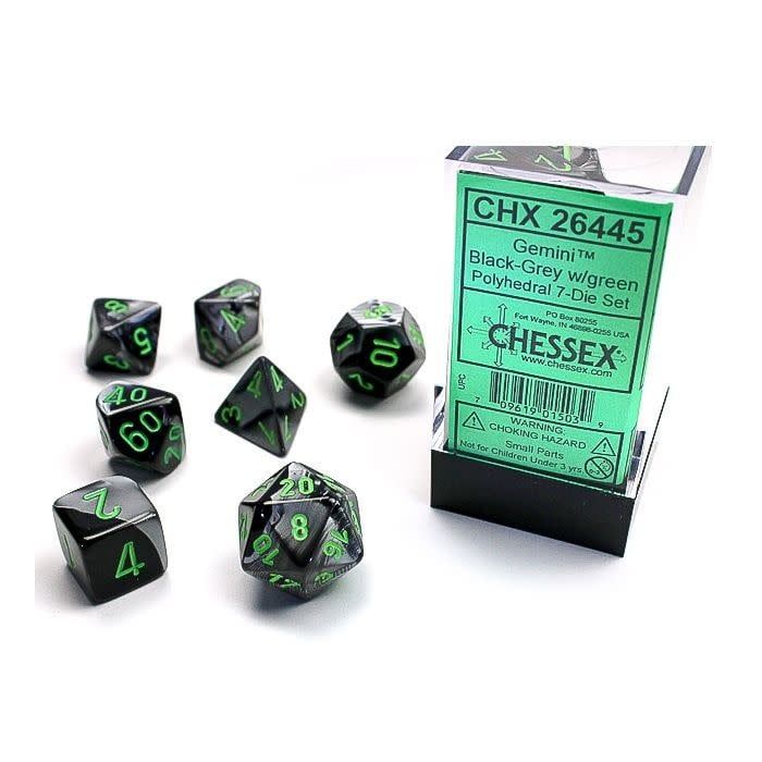 RPG Dice Set (7): Gemini Black and Grey with Green