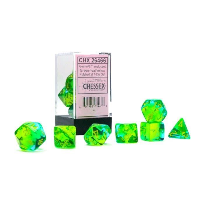 RPG Dice Set (7): Gemini Translucent Green-Teal with Yellow