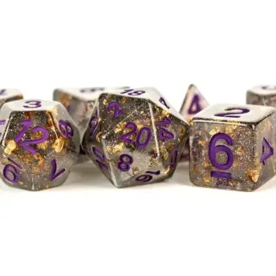 16mm Resin Polyhedral Dice Set - Gray W/ Gold Foil, Purple Numbers