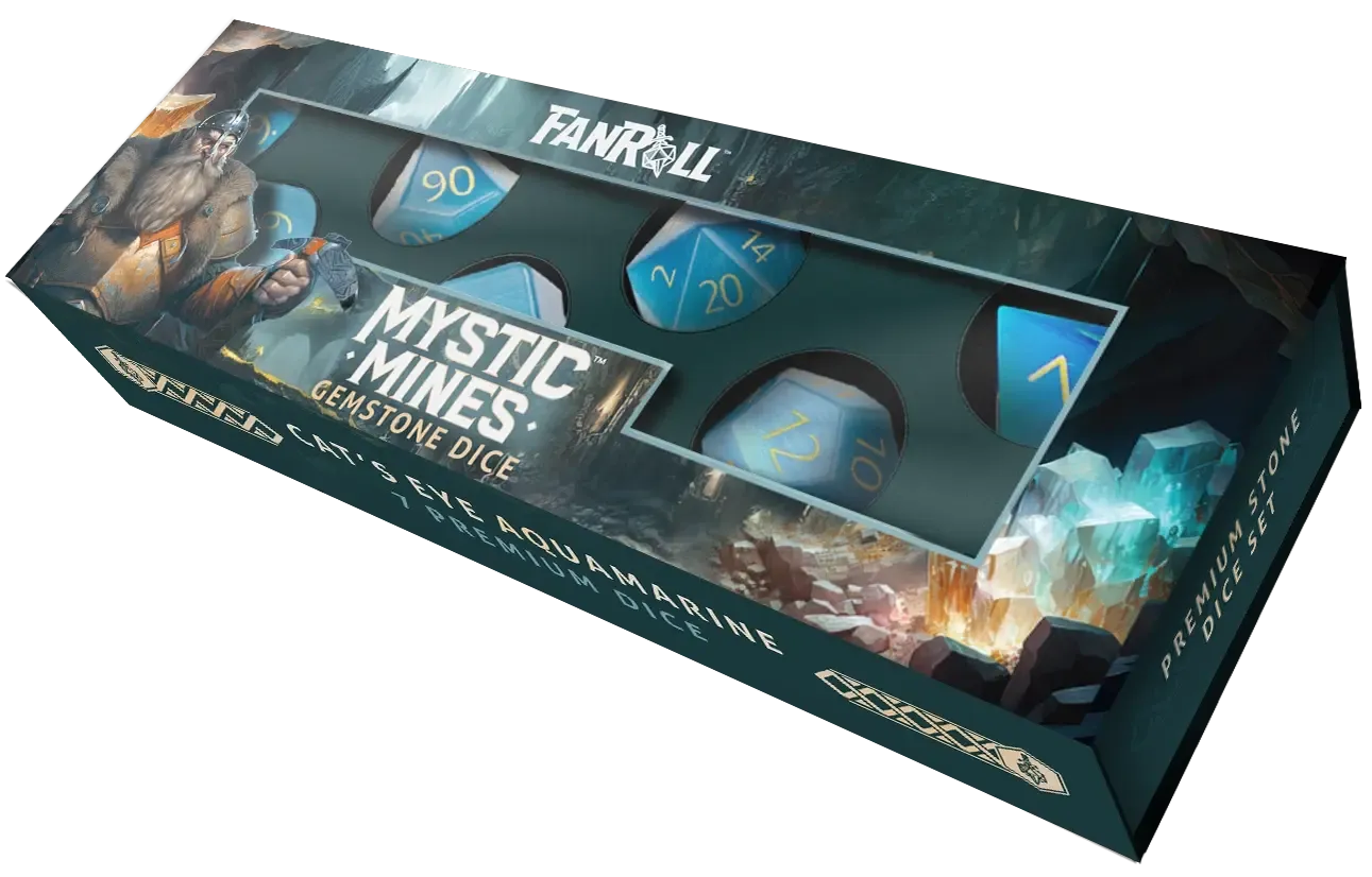Mystic Mines Gemstone Poly Dice Sets: Upgraded Packaging: Cat&#39;s Eye Aquamarine