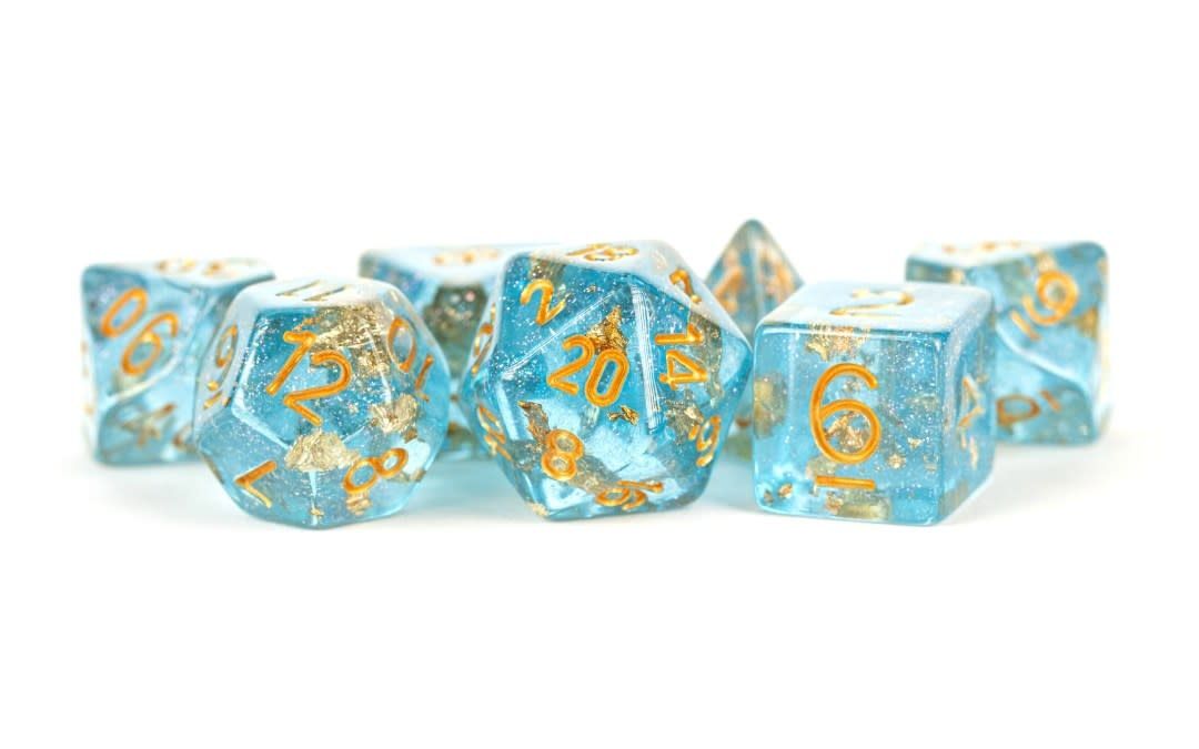 16mm Resin Polyhedral Dice Set - Blue with Gold Foil