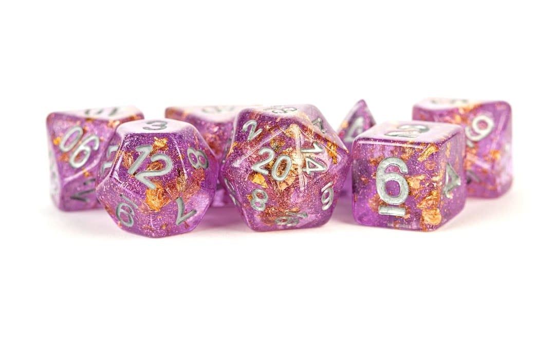 16mm Resin Polyhedral Dice Set - Purple with Gold Foil