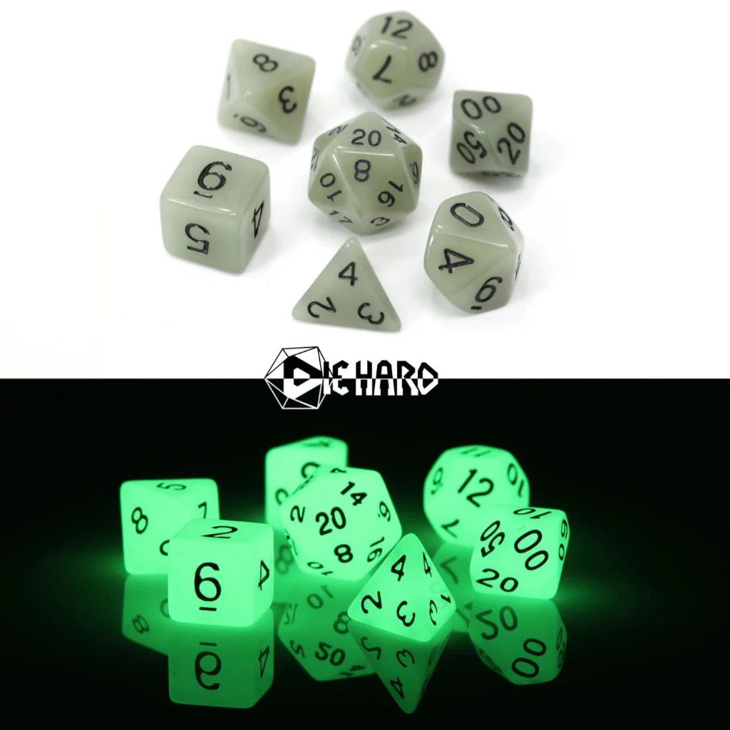 RPG Dice Set: White Glow Set of 7 Mini Polyhedral Dice with Black Numbers for D20