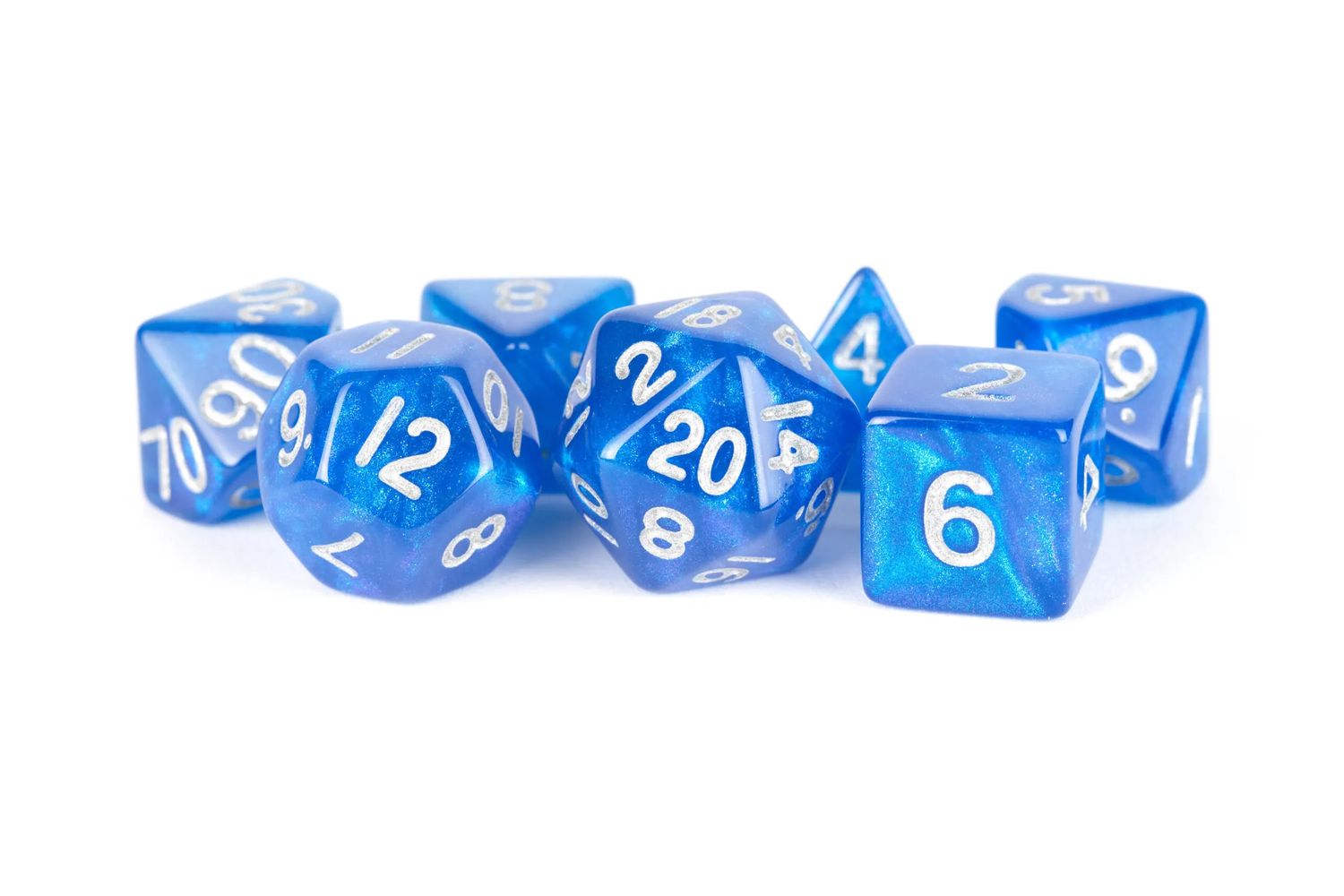Stardust Blue w/ Silver Numbers 16mm Acrylic Polyhedral Set