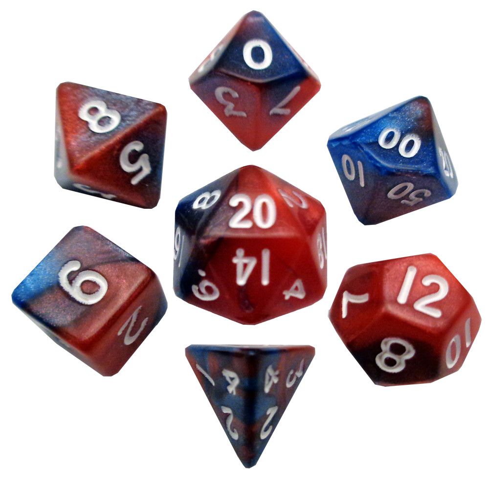 10mm Mini Dice Acrylic Polyhedral Set - Red and Blue w/ White Numbers