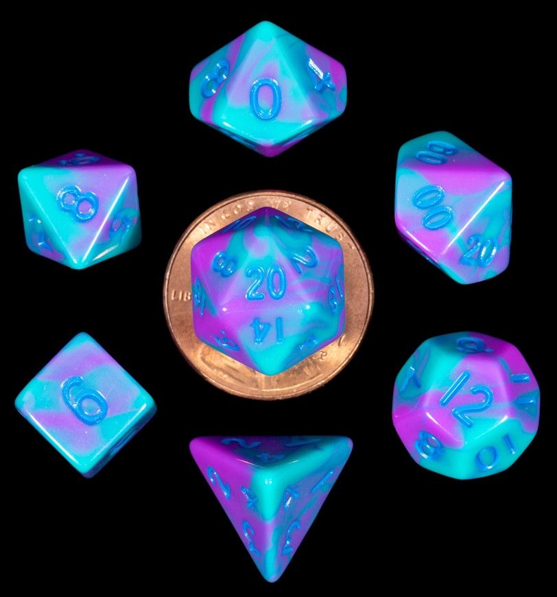 10mm Mini Dice Acrylic Polyhedral Set - Purple and Teal w/Blue Numbers