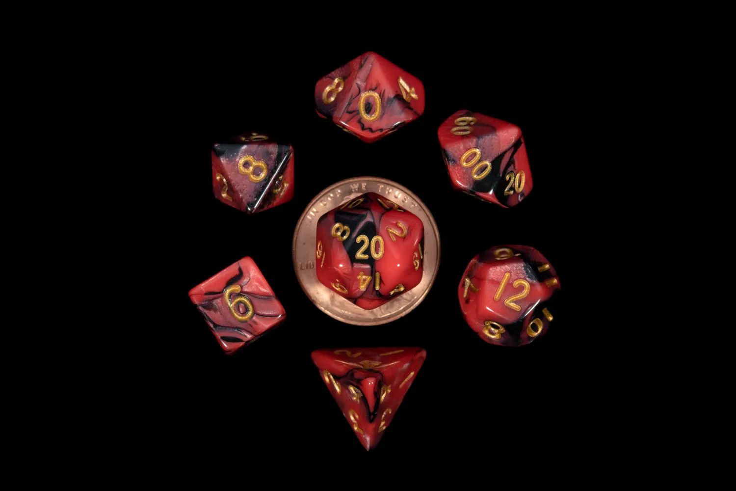 10mm Mini Dice Acrylic Polyhedral Set - Red and Black w/ Gold Numbers