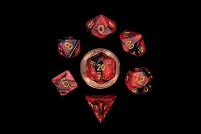 10mm Mini Dice Acrylic Polyhedral Set - Red and Black w/ Gold Numbers