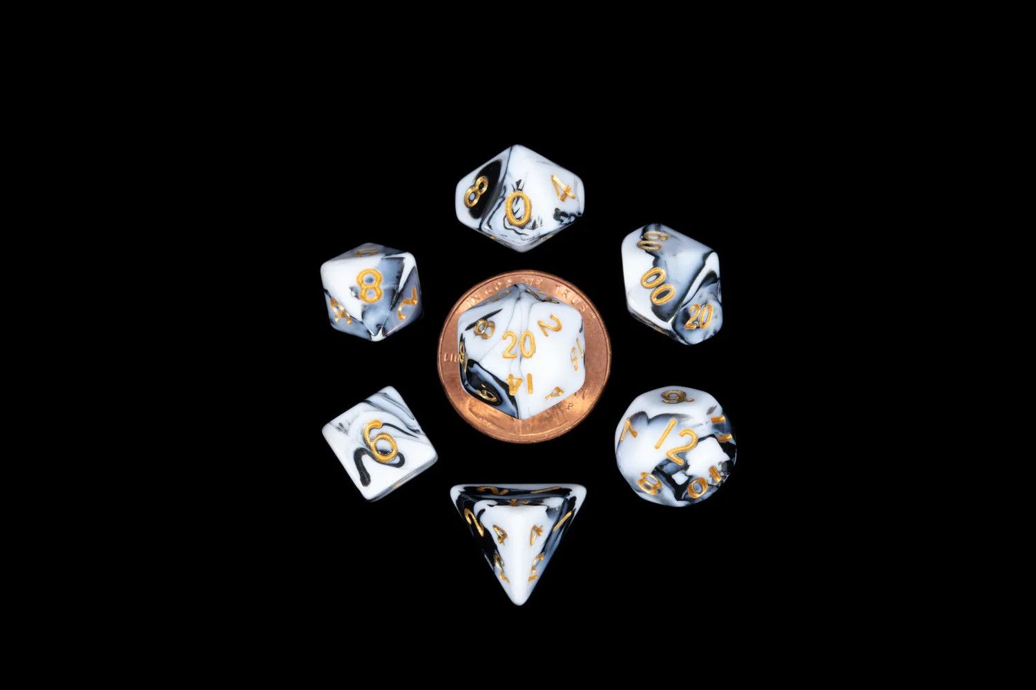 10mm Mini Dice Acrylic Polyhedral Set - Marble w/ Gold Numbers