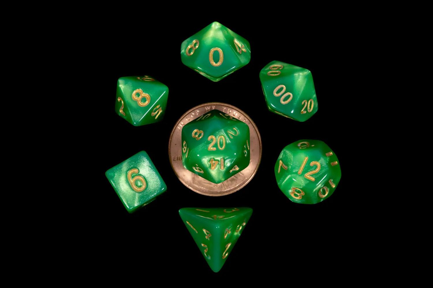 10mm Mini Dice Acrylic Polyhedral Set - Green and Light Green w/ Gold Numbers
