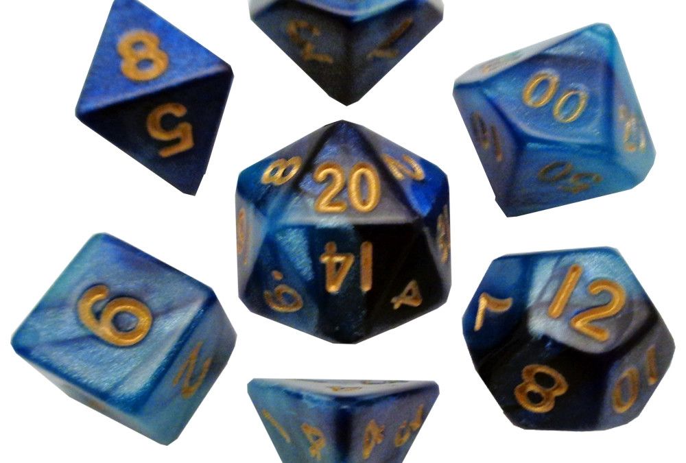 10mm Mini Dice Acrylic Polyhedral Set - Blue and Light Blue w/ Gold Numbers