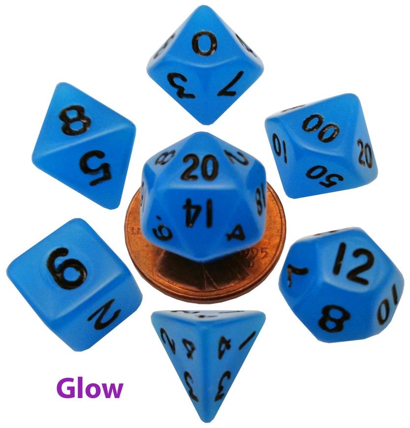 10mm Mini Dice Acrylic Polyhedral Set - Glow Blue w/ Black Numbers