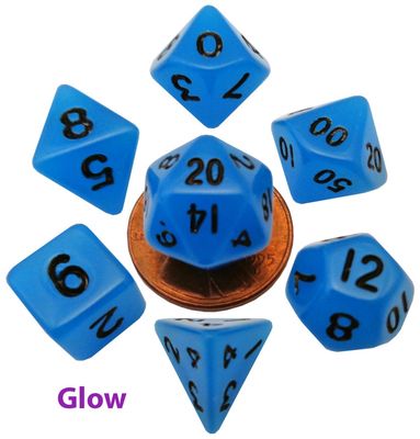 10mm Mini Dice Acrylic Polyhedral Set - Glow Blue w/ Black Numbers