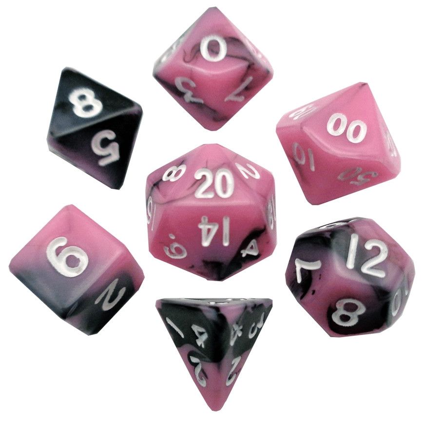 10mm Mini Dice Acrylic Polyhedral Set - Pink and Black w/ White