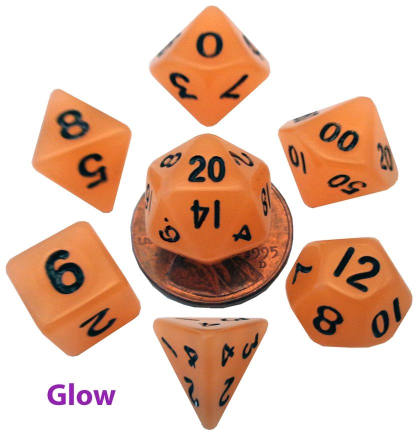 10mm Mini Dice Acrylic Polyhedral Set - Glow Orange w/ Black Number