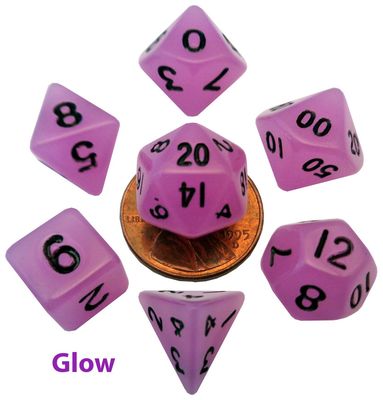 10mm Mini Dice Acrylic Polyhedral Set - Glow Purple w/ Black Numbers