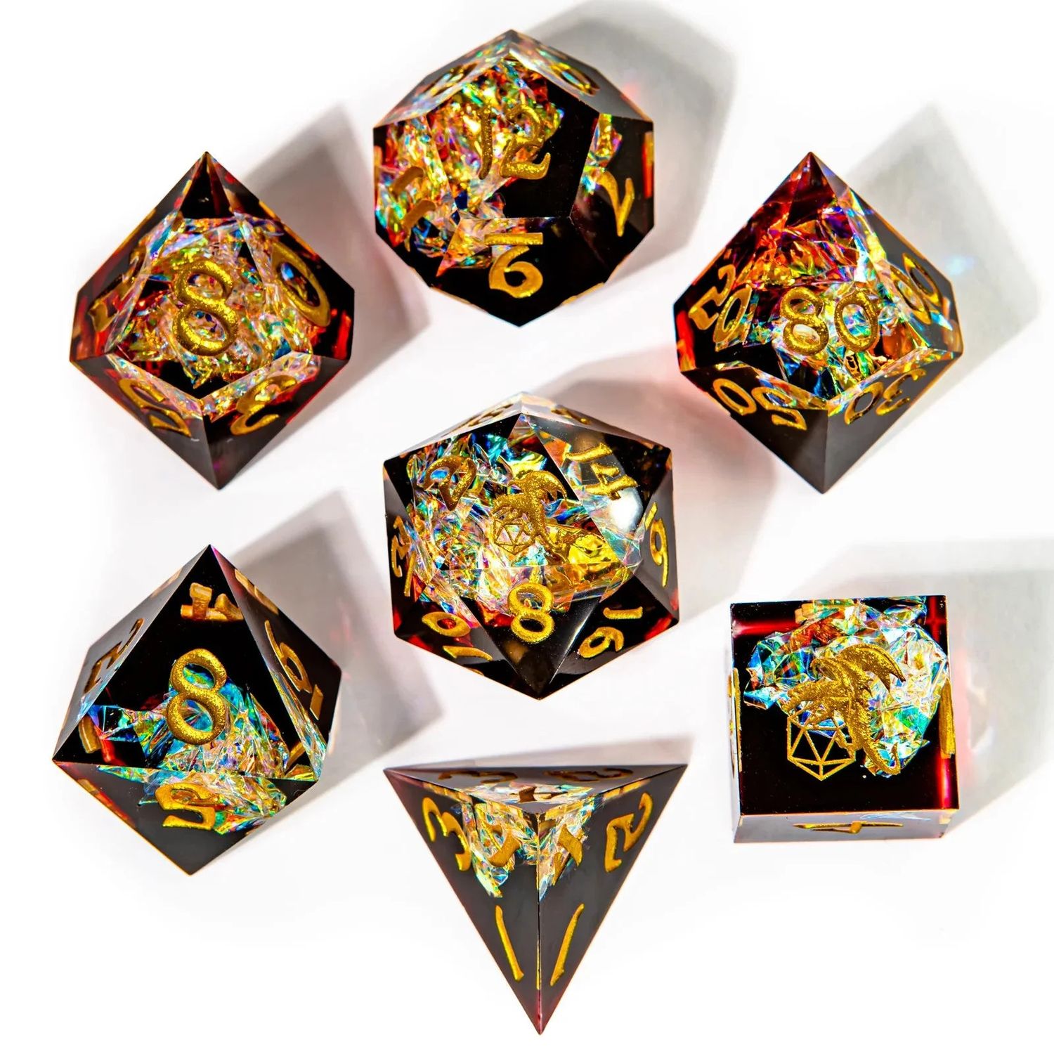 RPG Dice Set (7) - Captured Magic Hand Sanded Sharp Edge Resin - Blood Crystal