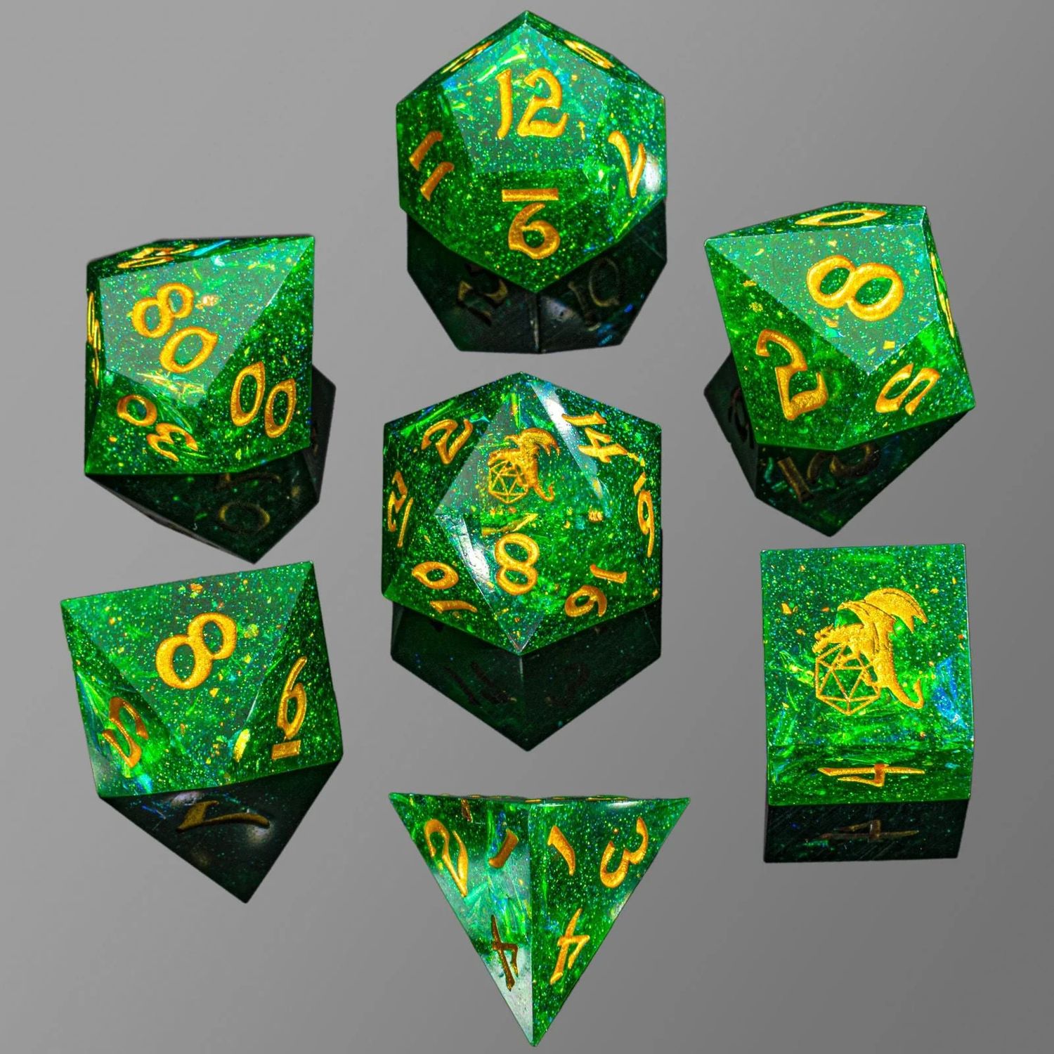 RPG Dice Set (7) - Captured Magic Hand Sanded Sharp Edge Resin - Green