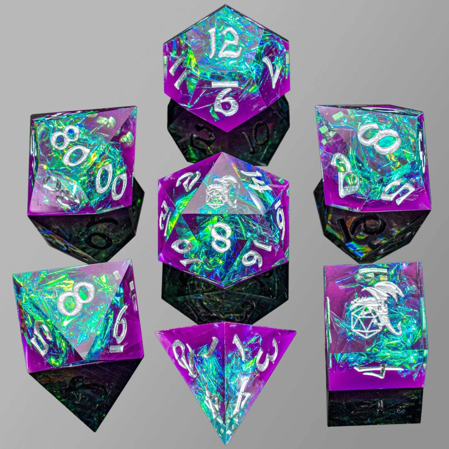 RPG Dice Set (7) - Captured Magic Hand Sanded Sharp Edge Resin - Purple Green