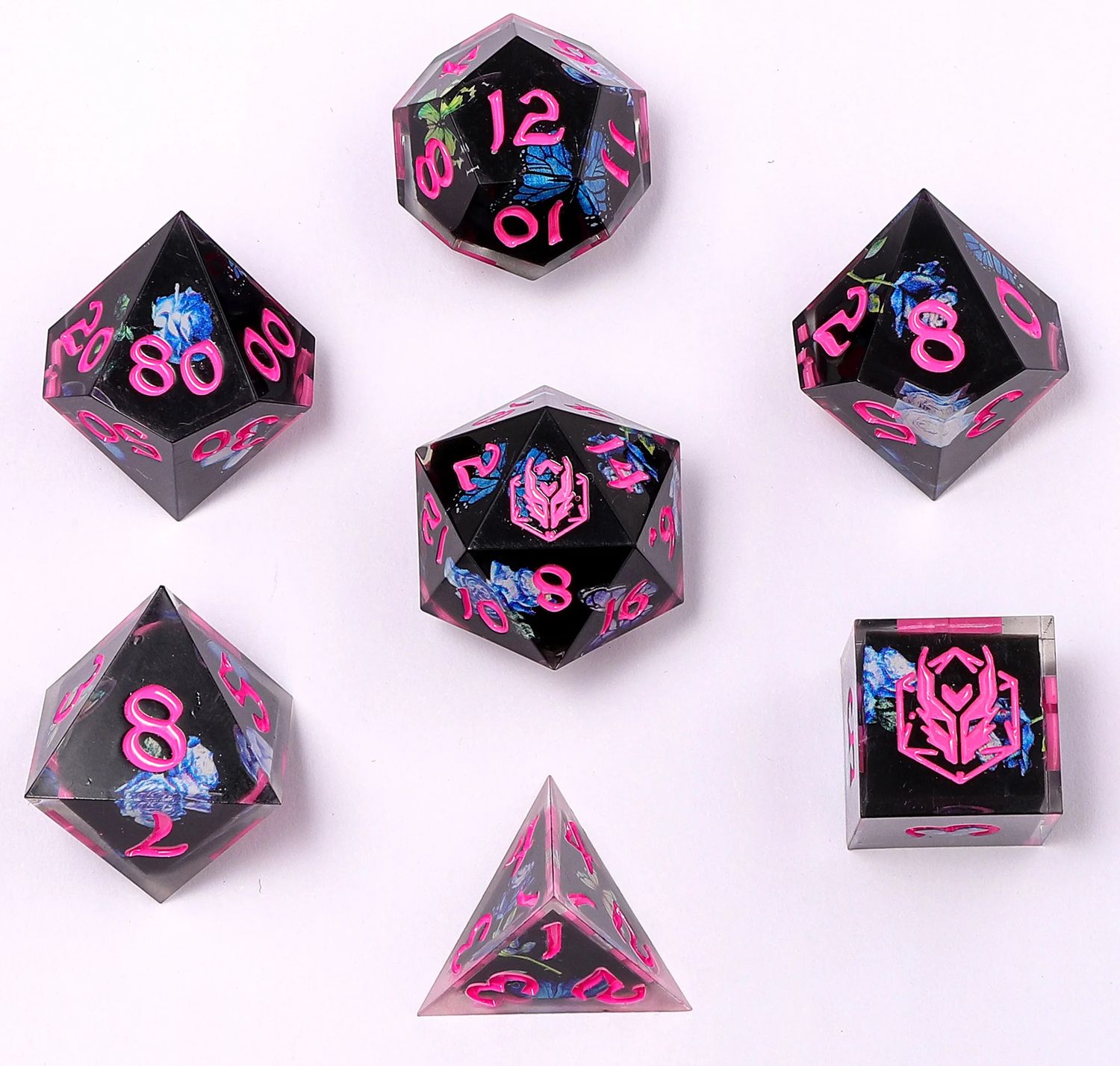 RPG Dice Set (7) - Captured Magic Hand Sanded Sharp Edge Resin - Vintage Handbag