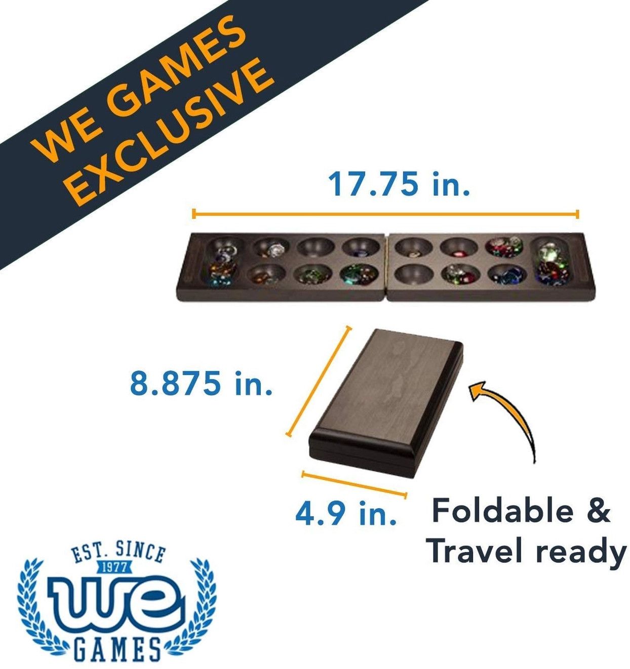 Folding Mancala Game - Dark Stained Wood &amp; Glass Stones