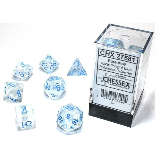 RPG Dice Set: 7-Set Borealis Luminary Icicle with Light Blue