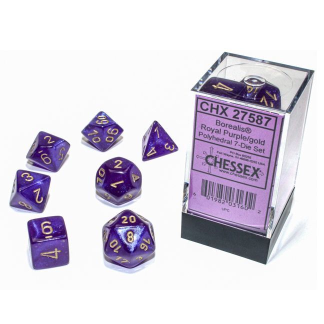 RPG Dice Set: 7-Set Cube Borealis Luminary Royal Purple with Gold