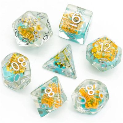 RPG Dice Set (7): Yellow Flower with Blue Skull Rpg Dice Set