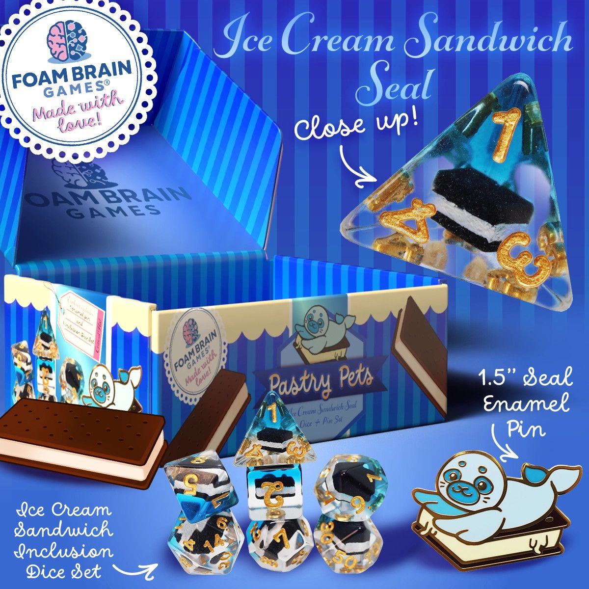 RPG Dice Set (7): Pastry Pets: Ice Cream Sandwich Seal - Pin &amp; Rpg Dice Set