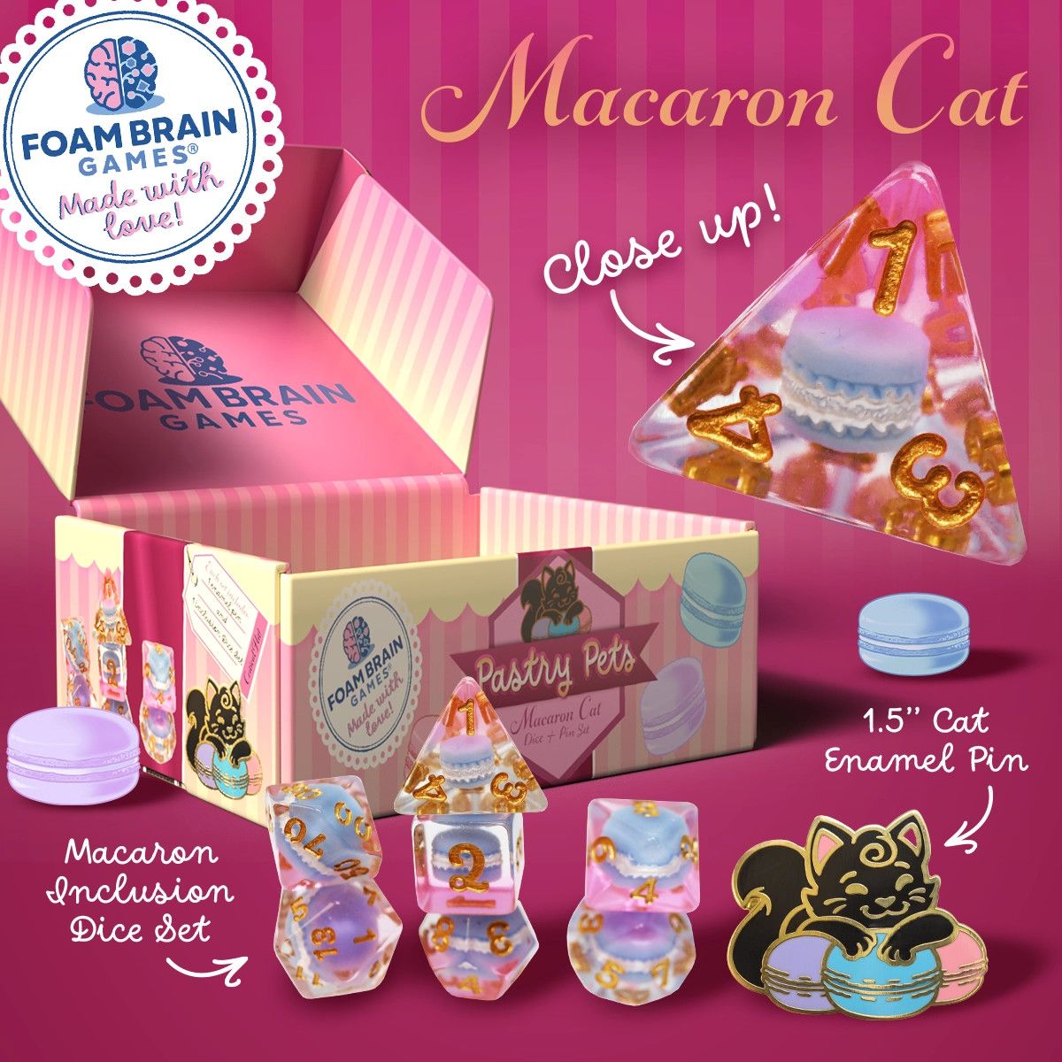RPG Dice Set (7): Pastry Pets: Macaron Cat - Pin &amp; Rpg Dice Set