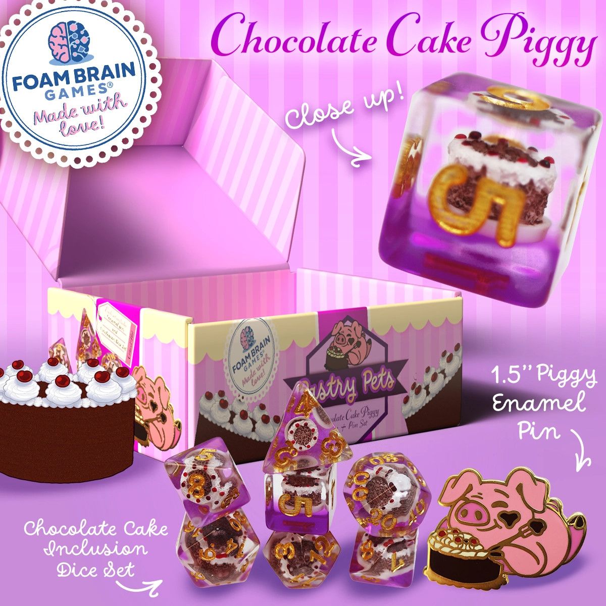 RPG Dice Set (7): Pastry Pets: Chocolate Cake Piggy - Pin &amp; Rpg Dice Set