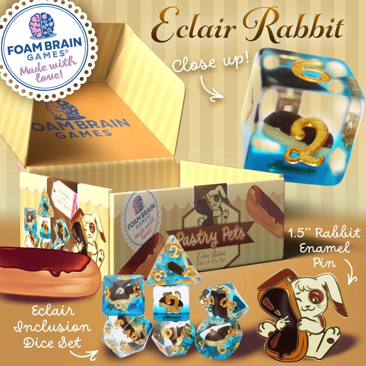 RPG Dice Set (7): Pastry Pets: Eclair Rabbit - Pin &amp; Rpg Dice Set