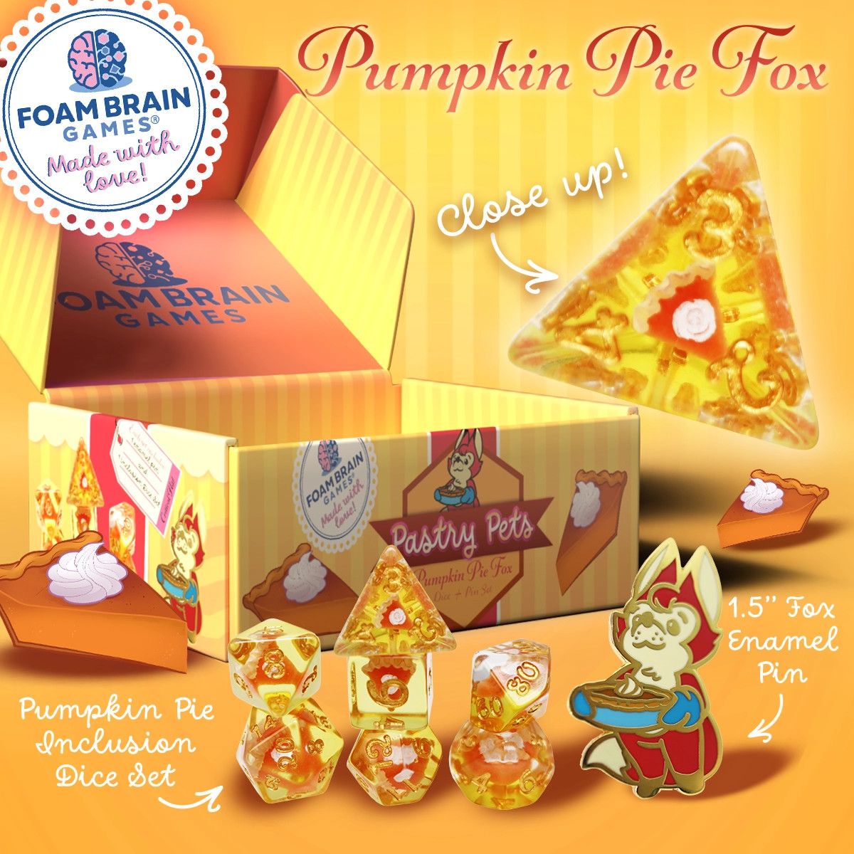 RPG Dice Set (7): Pastry Pets: Pumpkin Pie Fox - Pin &amp; Rpg Dice Set
