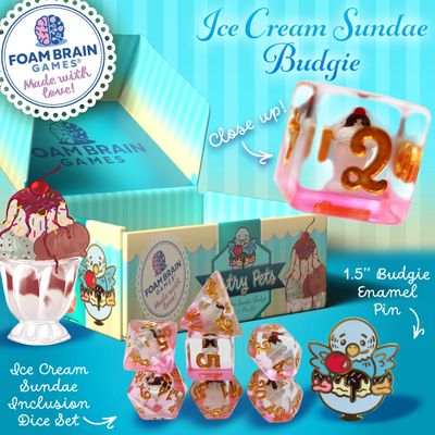 RPG Dice Set (7): Pastry Pets: Ice Cream Sundae Budgie - Pin &amp; Rpg Dice Set