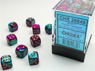 D6 (36): Gemini® 12mm d6 Purple-Teal/gold Dice Block™