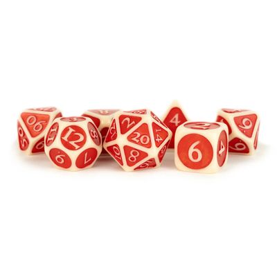 RPG Dice Set (7): Unique Enamel Acrylic 16mm Poly Dice Sets - Ivory w/ Red Enamel