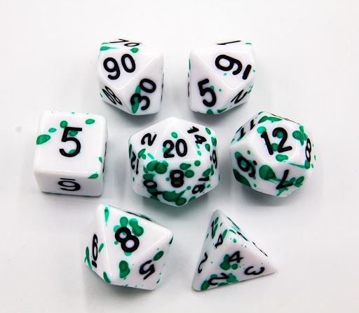 RPG DIce Set (7): Green Set of 7 Speckled Polyhedral Dice with Black Numbers